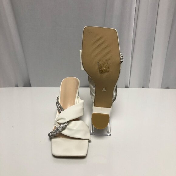 White Rhinestone Embellished Square Toe Heeled Sandals Womens Sz 8 Elegant Shoes - Picture 5 of 7